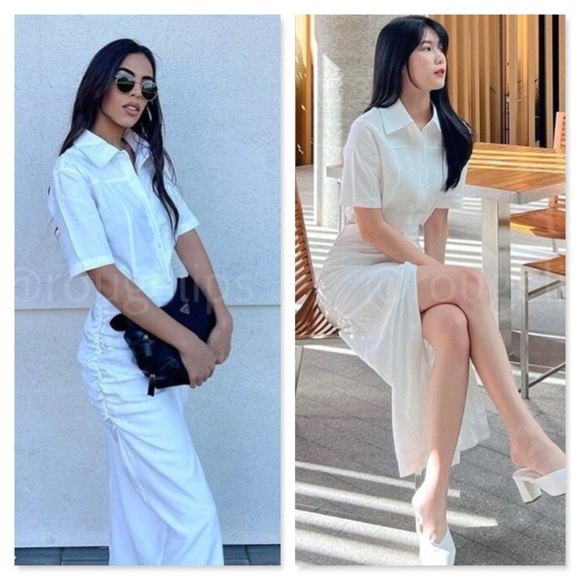 White Button Front Cut Out Back Midi Dress Short Sleeve Ruched Hips Collared - Picture 9 of 10